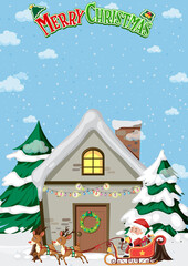 Merry Christmas poster with Santa and reindeer in front of a house