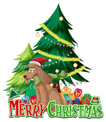 Merry Christmas text logo with Christmas tree and cute dog