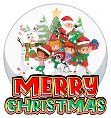 Children in snowdome with Merry Christmas logo