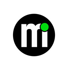 MI typography letters on black round with green dot.
