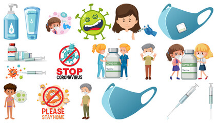 Cartoon character and Coronavirus vaccination isolated objects