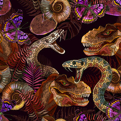 Tyrannosaurus rex head, snake, colorful butterflies, ammonite fossil and palm leaves. Template for clothes, print. Prehistoric life of dinosaurs. Ancient jungle seamless pattern