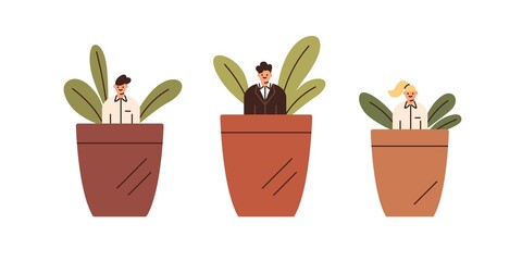 Professional growth and development concept. Employees grow in pots, metaphor for career start and skills developing. Young trainees. Flat vector illustration of interns isolated on white background