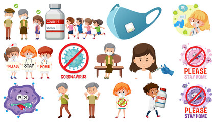 Cartoon character and Coronavirus vaccination isolated objects