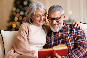 Young happy senior family couple in love enjoying Christmas holidays together at home, reading book