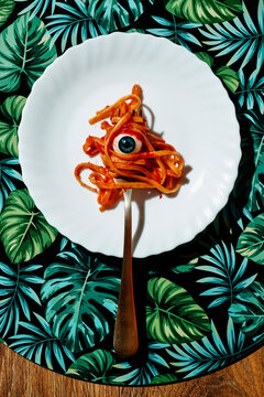 scary eye in a bunch of tagliatelle