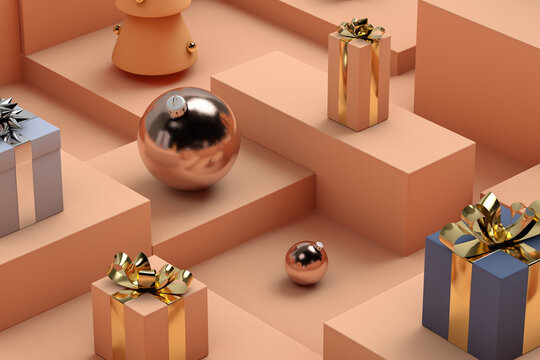 Gifts and Christmas trees in a setting with square shapes