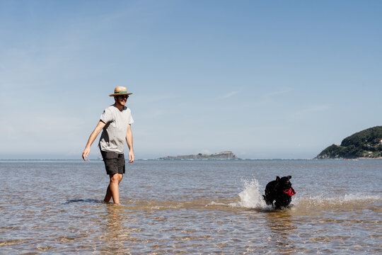 Man with his dog playing at beach