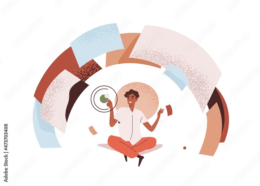 Poster Person work under abstract project. Man building, organizing and managing business system. Data flow streamline, management and analysis concept. Flat vector illustration isolated on white background