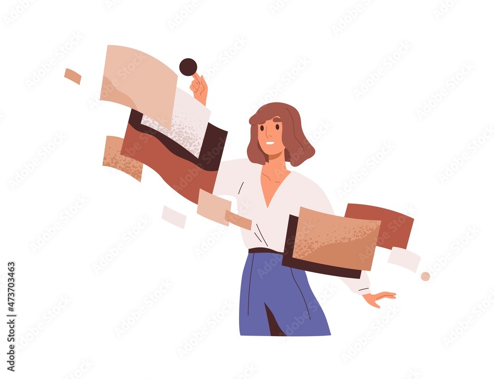 Fototapete Employee during work process and abstract business data analysis. Person in workflow. Managing, sorting and analyzing digital information flow. Flat vector illustration isolated on white background