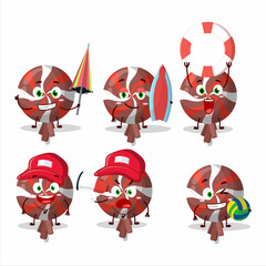 Happy Face red twirl lolipop wrapped cartoon character playing on a beach
