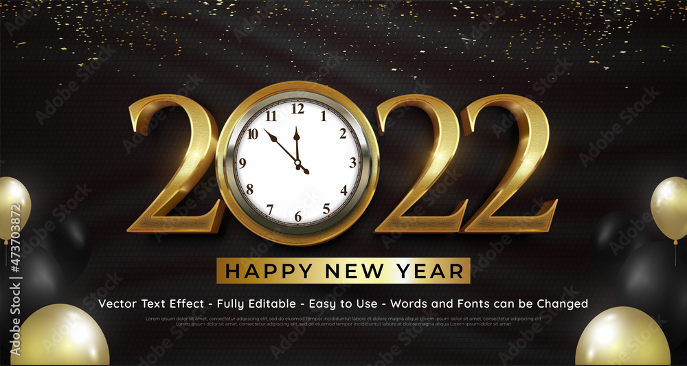 Poster happy new year 2022 banner gold styles with a clock icon on the number and text space