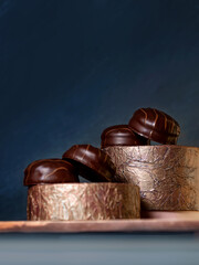 chocolate chip cookies on box blue background behind