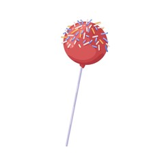 Lollipop on stick. Sweet roll pop with sprinkles decor. Hard ball-shaped candy, lollypop. Round sugar sucker. Strawberry lolly. Realistic flat vector illustration isolated on white background