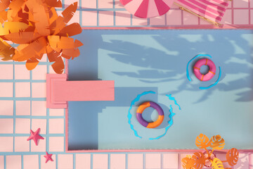 Summer background with sunbed, umbrella, ring on pool edge