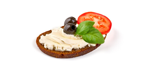 Sandwich with cream cheese, olives and tomato slice, isolated on white background.