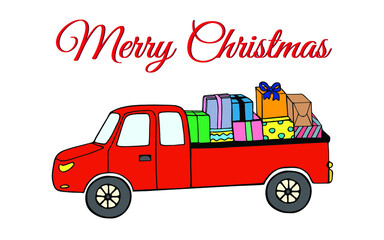 Red Christmas truck. A hand-drawn car with gifts. Christmas and New Year card.