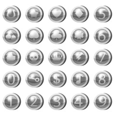 Set of Silver Coins for game apps. Silver icons star, heart, numbers, clubs hearts, tambourine, spades, clover leaf, scull,crown, bolt, cherry, key symbols game UI, gaming gambling. Vector
