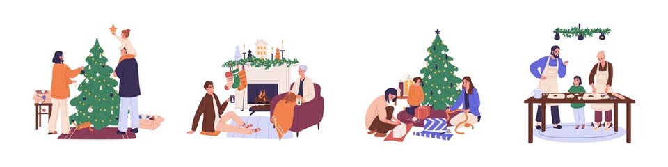 Christmas holiday preparations set. Happy families with kids decorate Xmas tree, baking gingerbread, preparing New Year gifts at home. Flat graphic vector illustrations isolated on white background