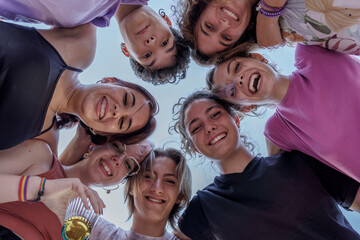 Low angle happy teen friends