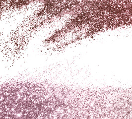 Pink glitter sparkles on white background, frame, border for your design