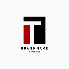 Simple Letter T Monogram Logo , Black and Red Isolated on Grey Background, Minimalist Symbol, Emblem, Sign Vector Design