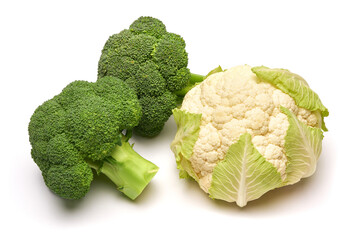Fresh natural organic broccoli and cauliflower isolated on white background