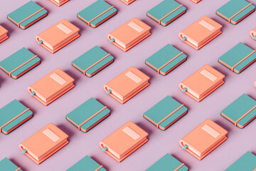 A large 3D pattern of books and notebooks on violet.