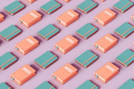 A large 3D pattern of books and notebooks on violet.