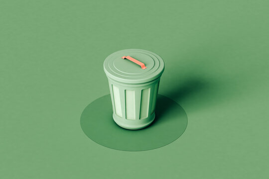 Trash Bin Isolated On Green Background With  Copy Space