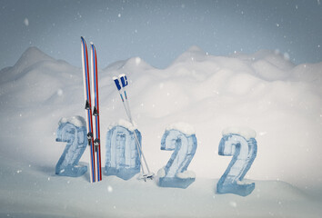 2022 skiing ice letters with vintage ski equipment