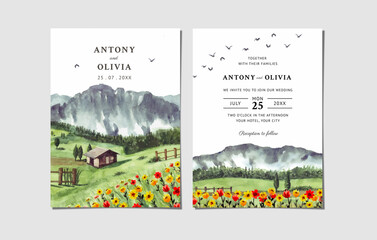 Naklejka na ściany i meble Wedding invitation of green nature landscape with floral and house watercolor