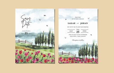 Watercolor wedding invitation with red floral and pine trees in the garden