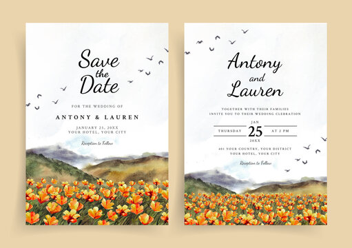 Watercolor Wedding Invitation Of Nature Landscape With Beautiful Orange Flowers