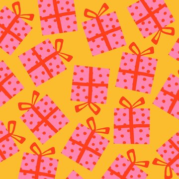Six pink gift boxes on yellow