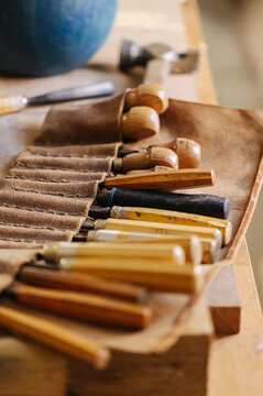 Various tools on wooden table in joinery