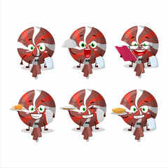 happy red twirl lolipop wrapped waiter cartoon character holding a plate