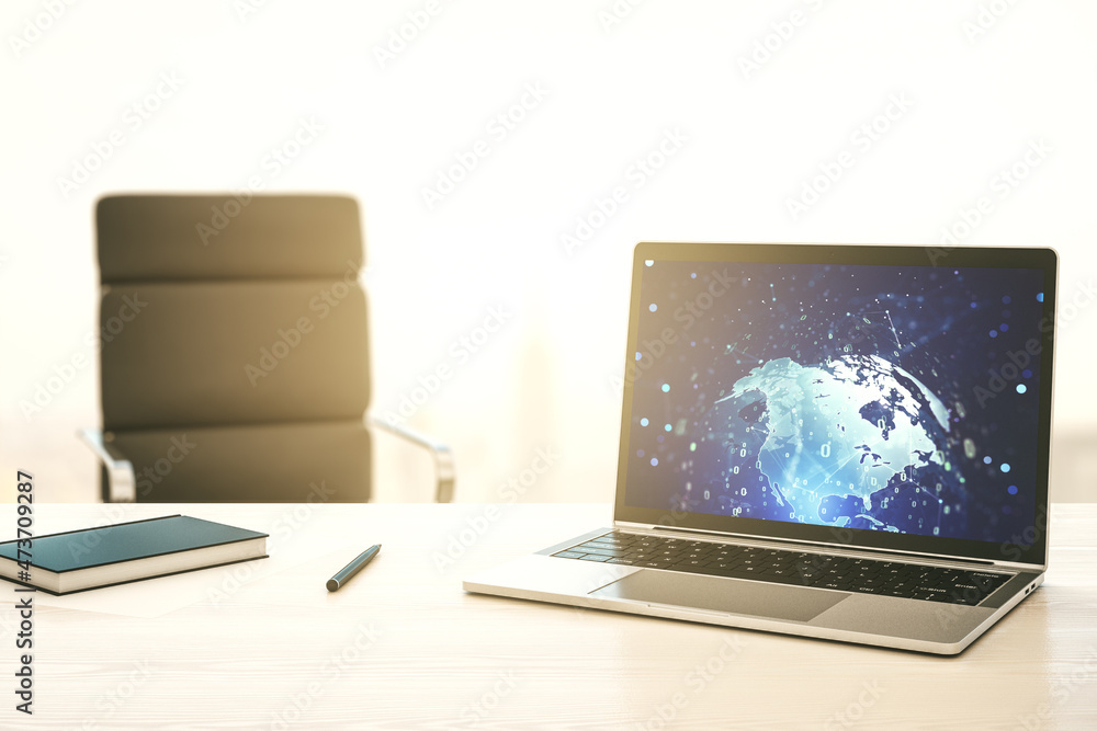 Poster abstract creative coding concept with world map on modern laptop screen. 3d rendering