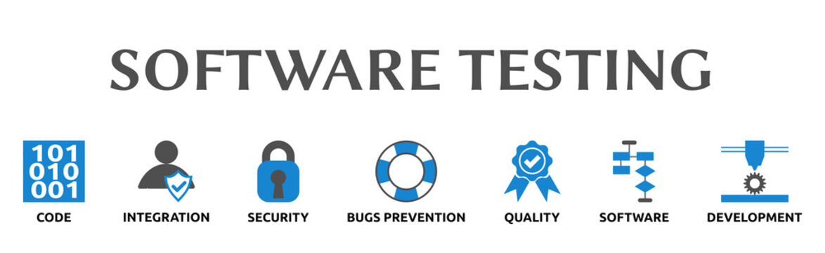 Banner zum Thema: Software Testing. Isoliert freigestellt vor wei&szlig;em Hintergrund.