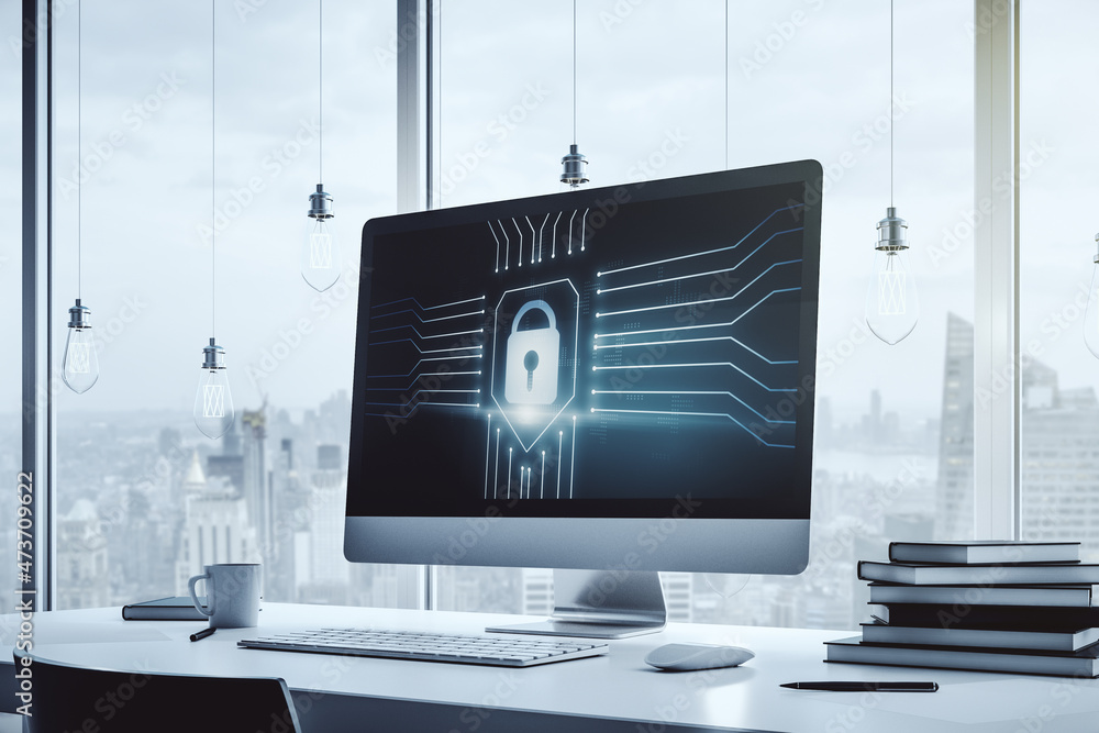 Poster creative lock sketch with chip hologram on modern computer monitor, protection of personal data conc