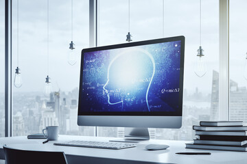 Creative artificial Intelligence concept with human head hologram on modern laptop screen. 3D Rendering