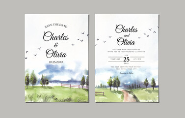 Wedding invitation of green nature landscape with garden fence and road watercolor