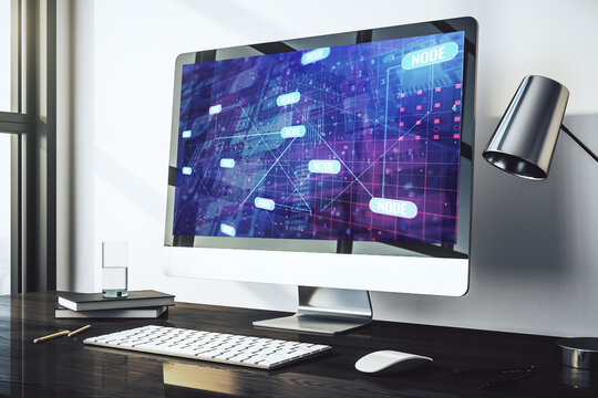 Modern computer monitor with abstract programming language, research and development concept. 3D Rendering