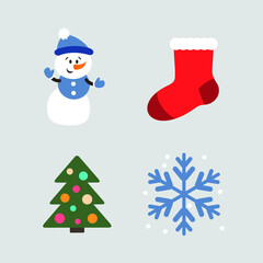 christmas set funny snowman, red sock, Christmas tree and blue snowflake on a light background