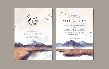 Wedding invitation with mountain and lake watercolor
