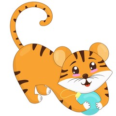 cute tiger cub playing with Christmas ball, tinsel, symbol of the new 2022, vector illustration in flat style, white background