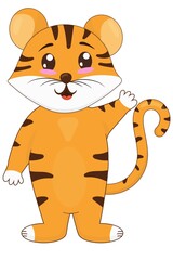 cute tiger cub standing and waving its paw, symbol of the new 2022, vector illustration in flat style isolated, white background