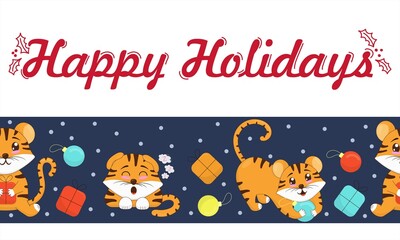 new year cute tiger cubs playing with christmas balls and opening gifts, vector seamless on blue background, horizontal border, happy holidays