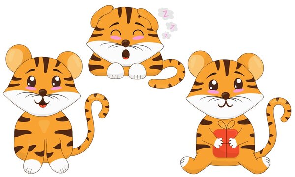 Cute Tiger Cub Sits, Sleeps, Holds A Gift In Its Paws, A Symbol Of The New 2022, A Set Of Vector Illustrations In A Flat Style, A White Background