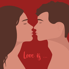 Romantic Couple Kissing. Valentines day. Couple in love. Man and women try to kiss. Portrait of people. Relationship. Vector